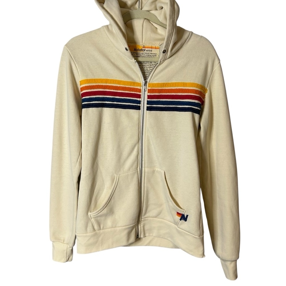 Aviator Nation Vintage Rainbow Stripe Zip Hoodie Cream USA Women’s S - Picture 4 of 16